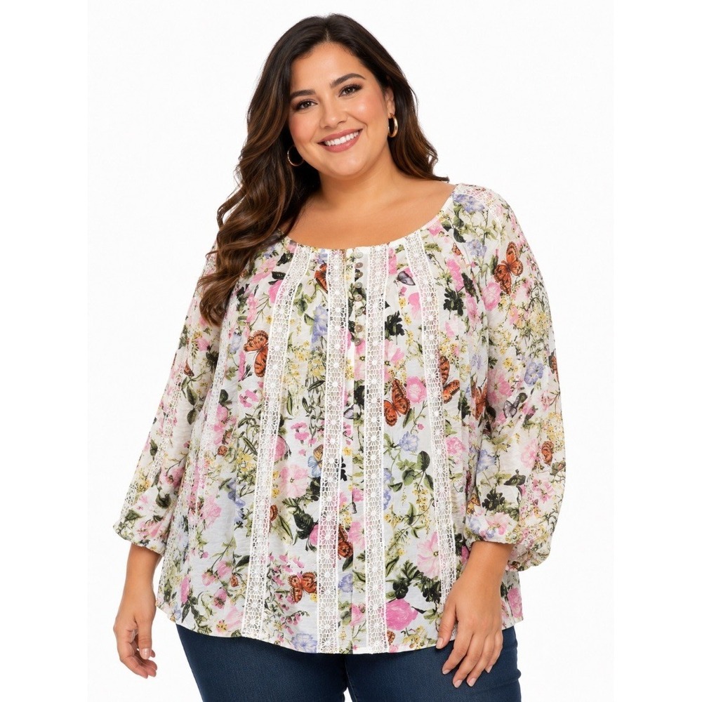 Fig Flower Plus Size 2X Blouse Top White Floral Butterfly Lace Trim 3/4 Sleeve N
